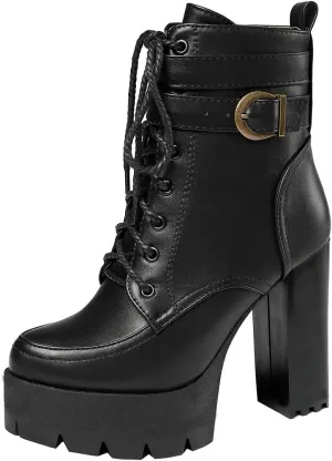 KIKIVIVI Womens Patent Leather Platform Chunky High Heel Lace Up Ankle Boots with Zipper