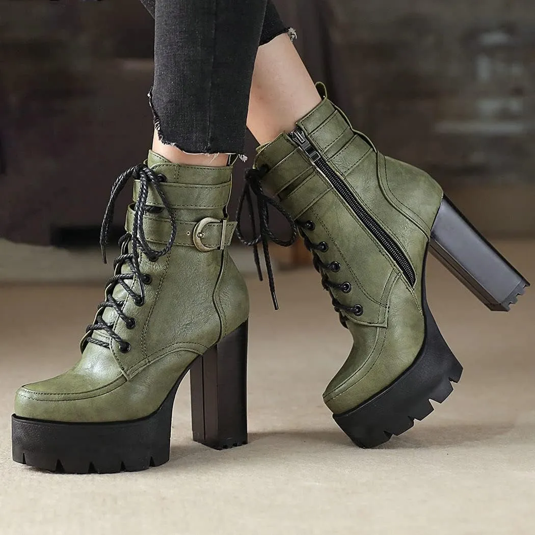 KIKIVIVI Womens Patent Leather Platform Chunky High Heel Lace Up Ankle Boots with Zipper