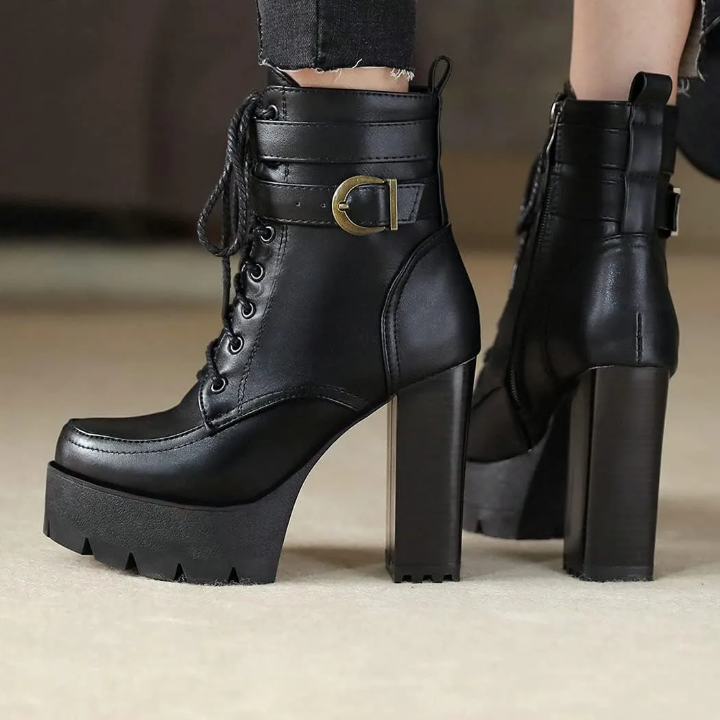 KIKIVIVI Womens Patent Leather Platform Chunky High Heel Lace Up Ankle Boots with Zipper