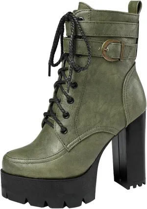 KIKIVIVI Womens Patent Leather Platform Chunky High Heel Lace Up Ankle Boots with Zipper