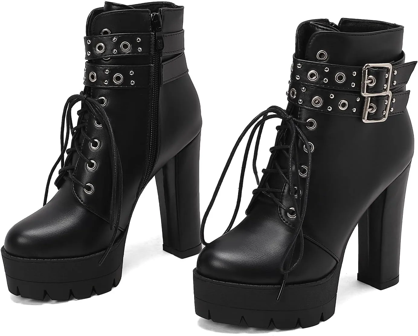 KIKIVIVI Womens Patent Leather Platform Chunky High Heel Lace Up Ankle Boots with Zipper