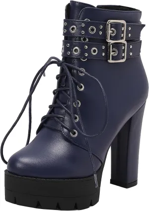 KIKIVIVI Womens Patent Leather Platform Chunky High Heel Lace Up Ankle Boots with Zipper