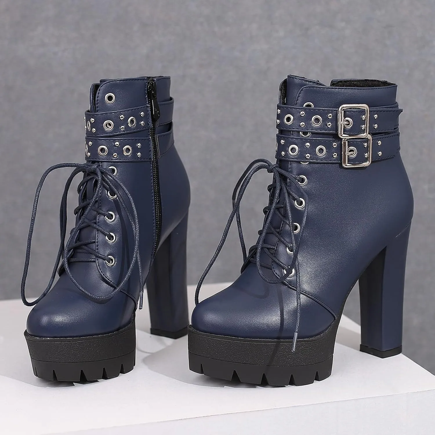KIKIVIVI Womens Patent Leather Platform Chunky High Heel Lace Up Ankle Boots with Zipper