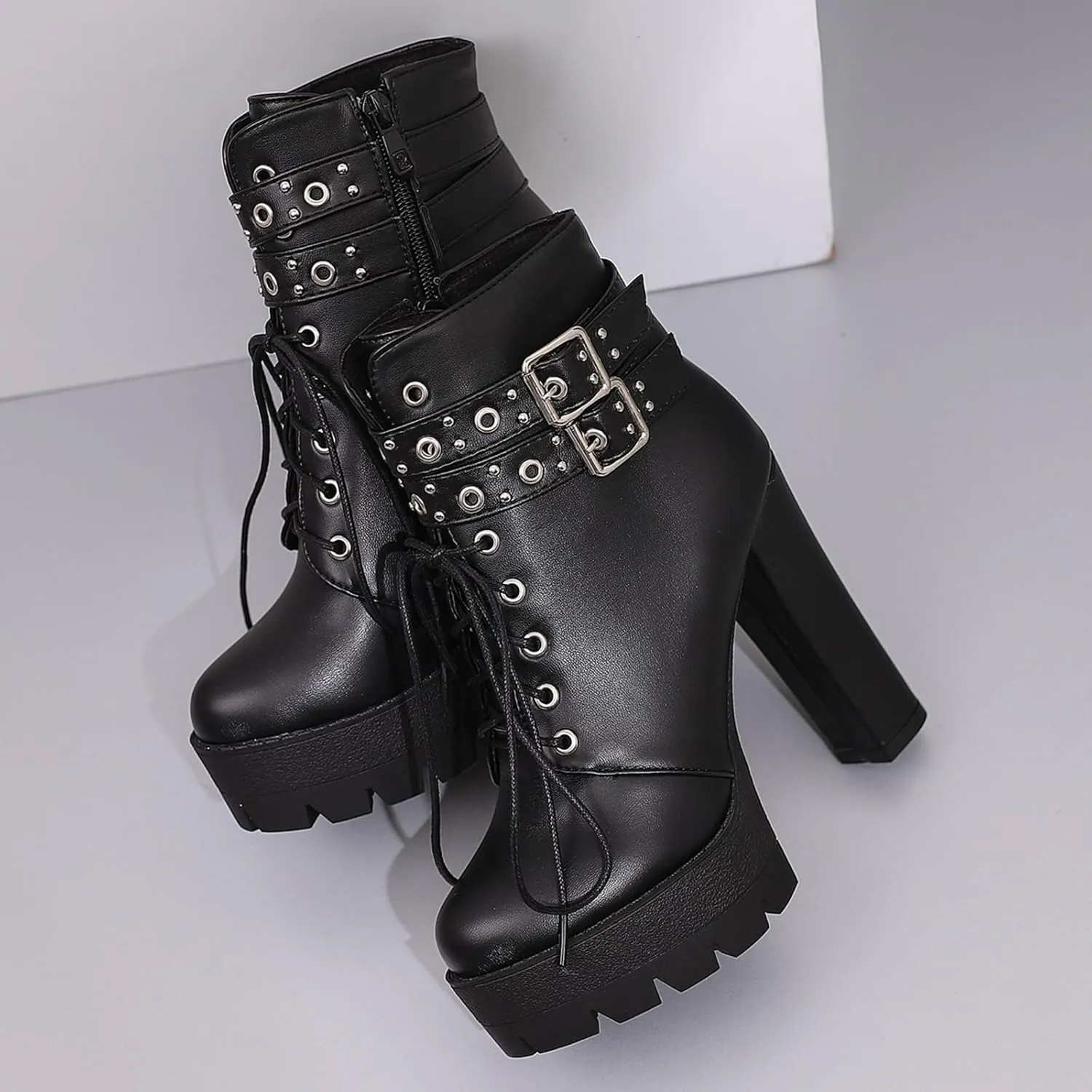 KIKIVIVI Womens Patent Leather Platform Chunky High Heel Lace Up Ankle Boots with Zipper