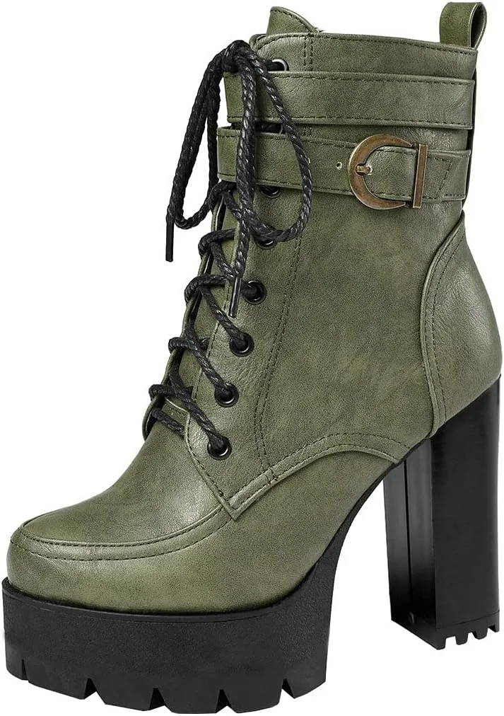 KIKIVIVI Womens Patent Leather Platform Chunky High Heel Lace Up Ankle Boots with Zipper