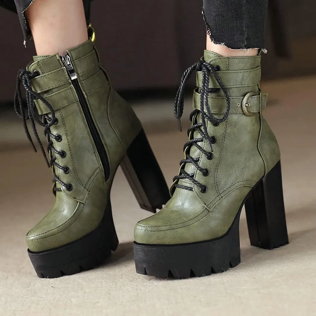 KIKIVIVI Womens Patent Leather Platform Chunky High Heel Lace Up Ankle Boots with Zipper