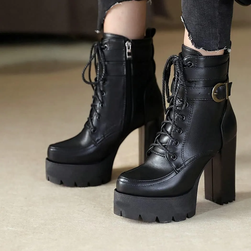 KIKIVIVI Womens Patent Leather Platform Chunky High Heel Lace Up Ankle Boots with Zipper