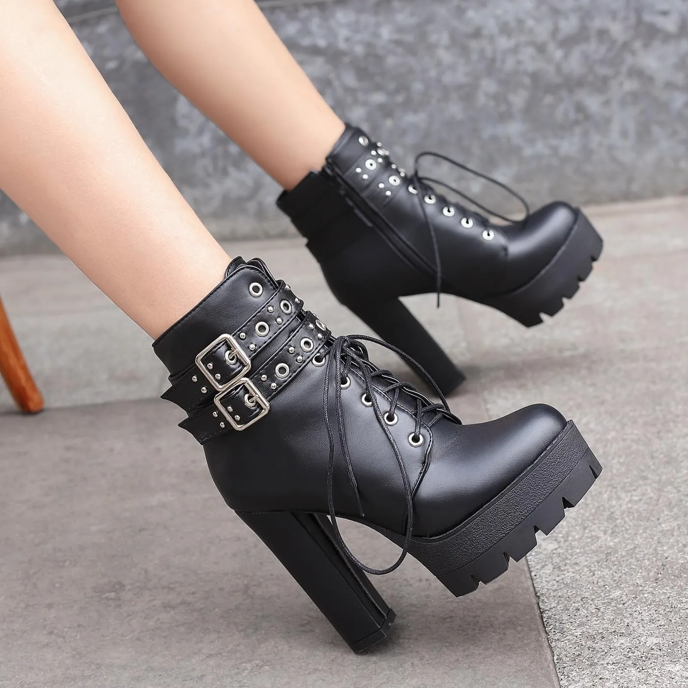 KIKIVIVI Womens Patent Leather Platform Chunky High Heel Lace Up Ankle Boots with Zipper