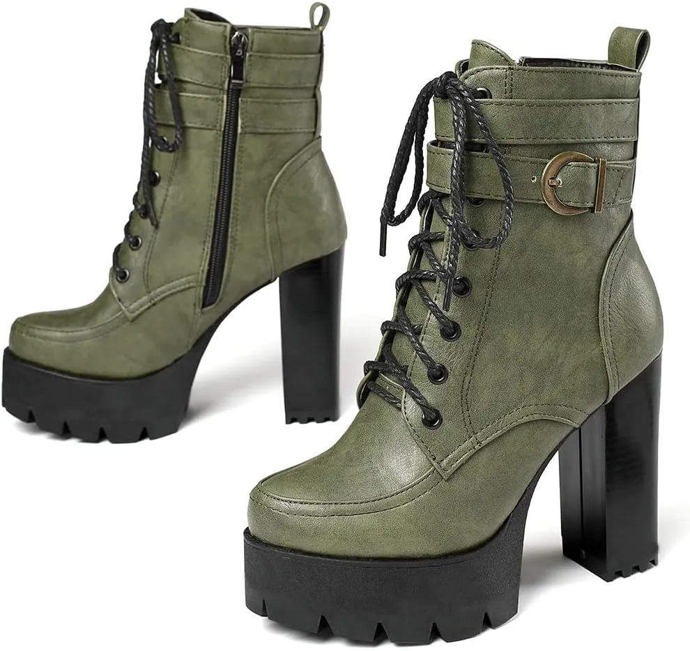 KIKIVIVI Womens Patent Leather Platform Chunky High Heel Lace Up Ankle Boots with Zipper