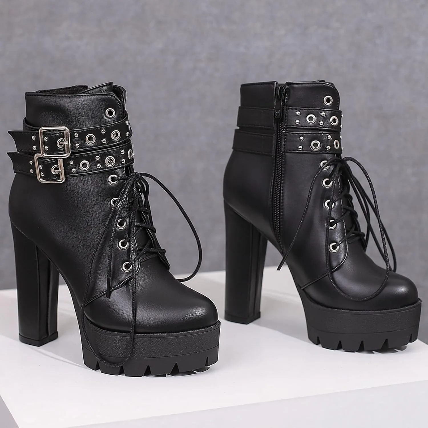 KIKIVIVI Womens Patent Leather Platform Chunky High Heel Lace Up Ankle Boots with Zipper