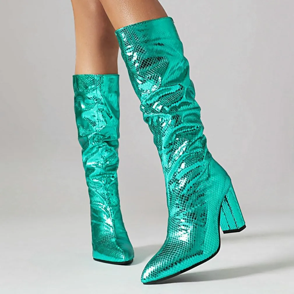 KOKOMOMO Metallic Glitter Knee High Slouch Boots Pointy Toe Knee High Heeled Slouchy Sparkly Boots