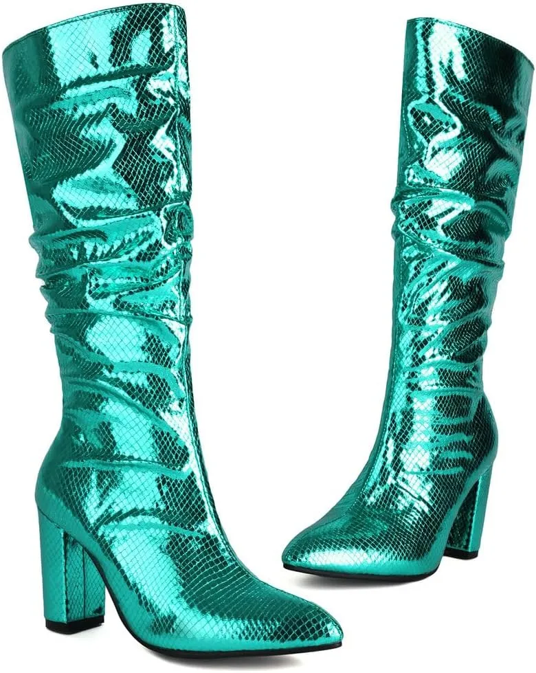 KOKOMOMO Metallic Glitter Knee High Slouch Boots Pointy Toe Knee High Heeled Slouchy Sparkly Boots