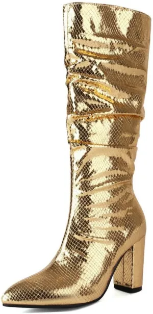 KOKOMOMO Metallic Glitter Knee High Slouch Boots Pointy Toe Knee High Heeled Slouchy Sparkly Boots