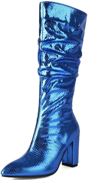 KOKOMOMO Metallic Glitter Knee High Slouch Boots Pointy Toe Knee High Heeled Slouchy Sparkly Boots
