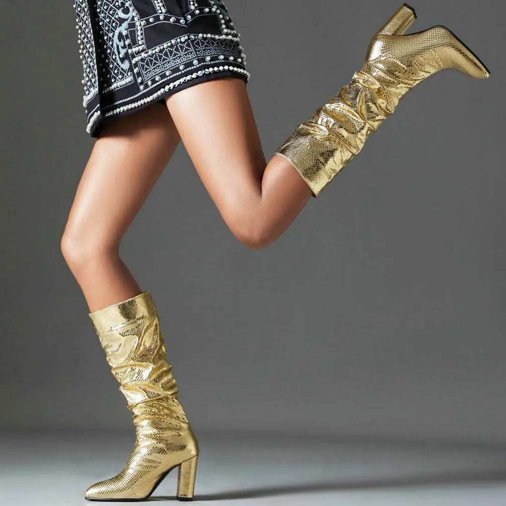 KOKOMOMO Metallic Glitter Knee High Slouch Boots Pointy Toe Knee High Heeled Slouchy Sparkly Boots