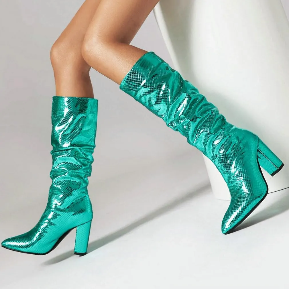 KOKOMOMO Metallic Glitter Knee High Slouch Boots Pointy Toe Knee High Heeled Slouchy Sparkly Boots