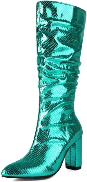 KOKOMOMO Metallic Glitter Knee High Slouch Boots Pointy Toe Knee High Heeled Slouchy Sparkly Boots