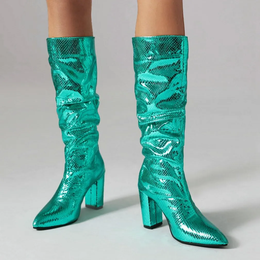 KOKOMOMO Metallic Glitter Knee High Slouch Boots Pointy Toe Knee High Heeled Slouchy Sparkly Boots