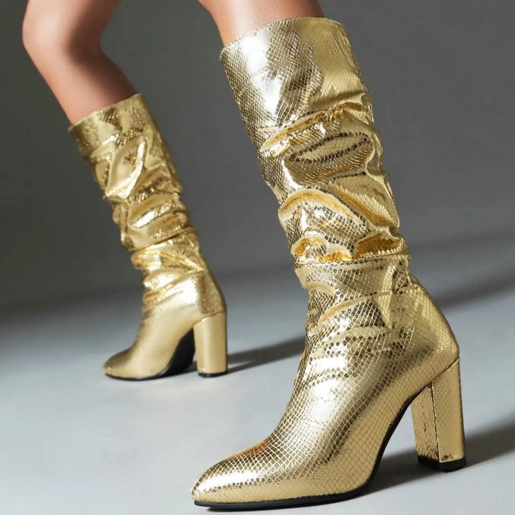 KOKOMOMO Metallic Glitter Knee High Slouch Boots Pointy Toe Knee High Heeled Slouchy Sparkly Boots
