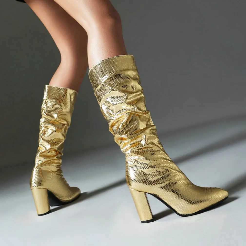KOKOMOMO Metallic Glitter Knee High Slouch Boots Pointy Toe Knee High Heeled Slouchy Sparkly Boots