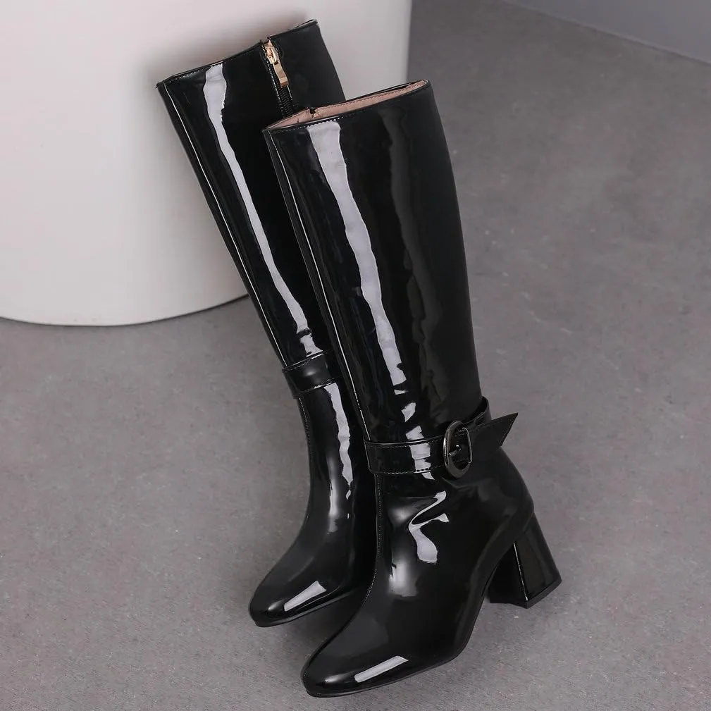 KOKOMOMO Shiny Metallic Boots Patent Square Toe Knee High Heeled Boots Gogo Boots
