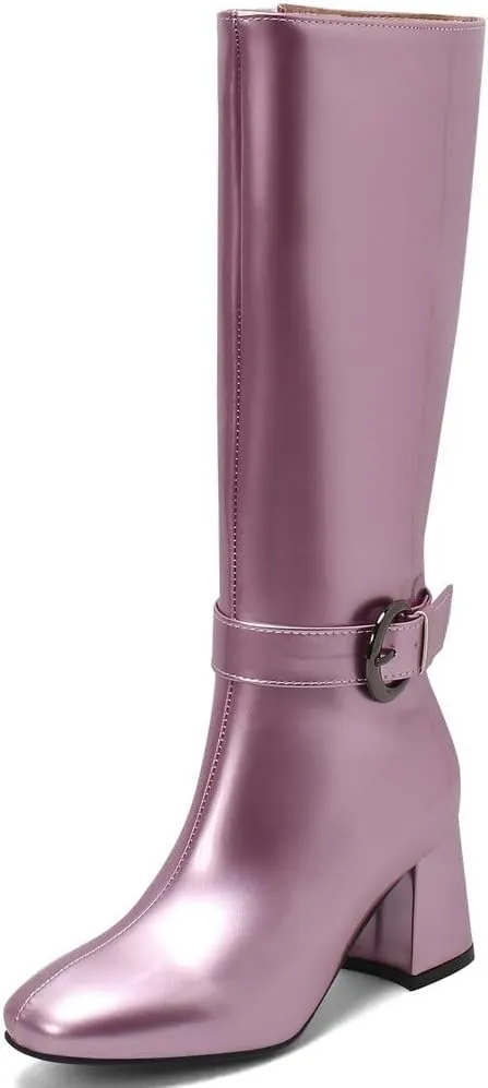 KOKOMOMO Shiny Metallic Boots Patent Square Toe Knee High Heeled Boots Gogo Boots