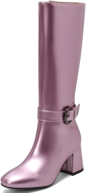 KOKOMOMO Shiny Metallic Boots Patent Square Toe Knee High Heeled Boots Gogo Boots