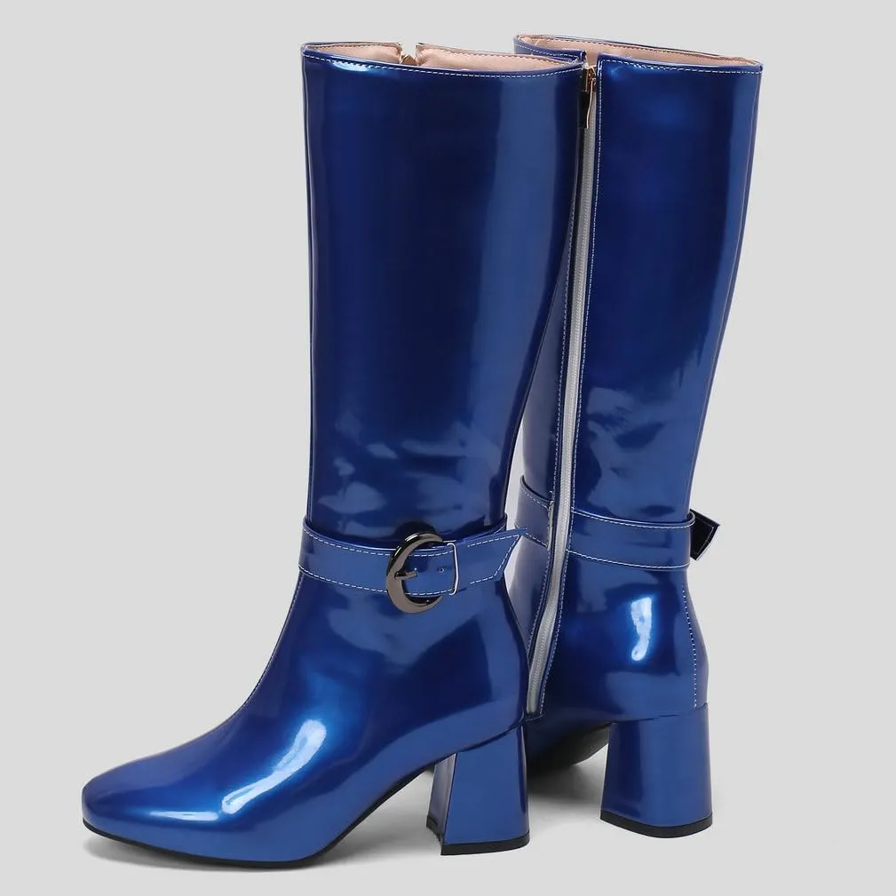 KOKOMOMO Shiny Metallic Boots Patent Square Toe Knee High Heeled Boots Gogo Boots