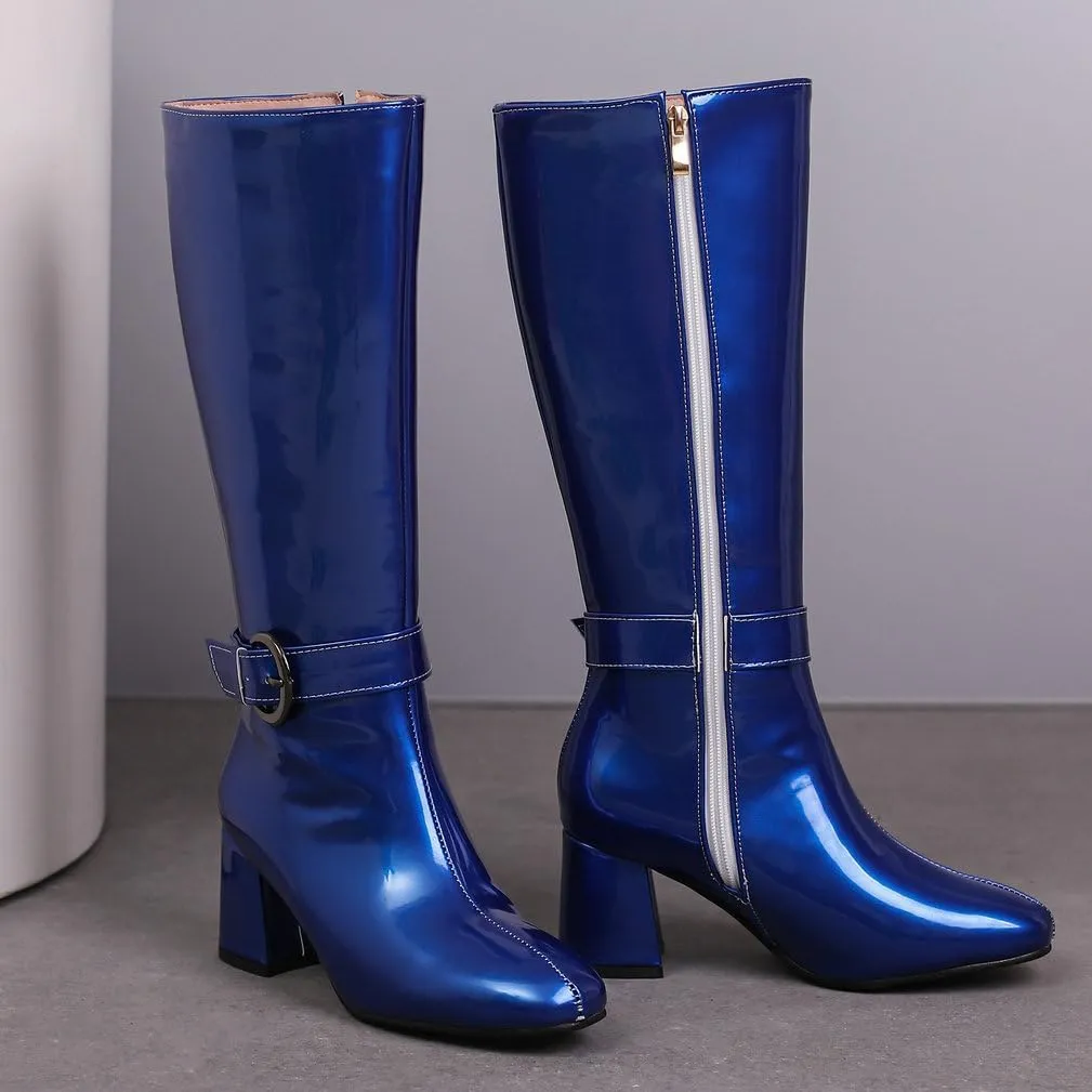 KOKOMOMO Shiny Metallic Boots Patent Square Toe Knee High Heeled Boots Gogo Boots