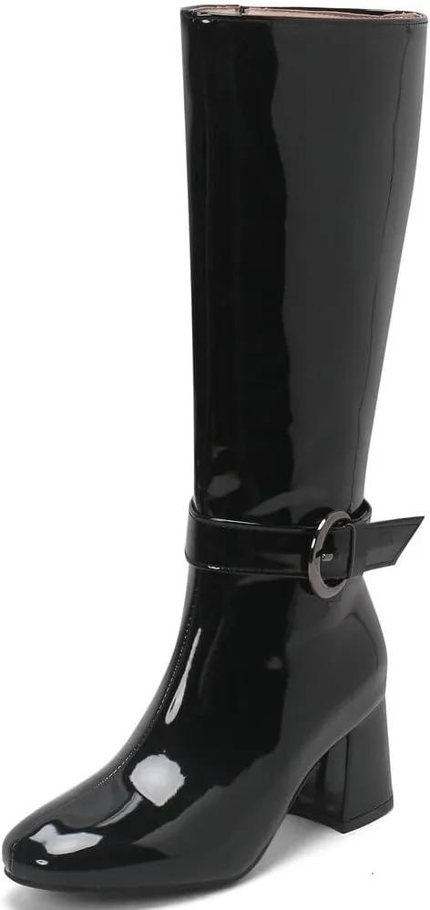 KOKOMOMO Shiny Metallic Boots Patent Square Toe Knee High Heeled Boots Gogo Boots