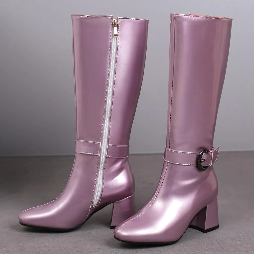 KOKOMOMO Shiny Metallic Boots Patent Square Toe Knee High Heeled Boots Gogo Boots
