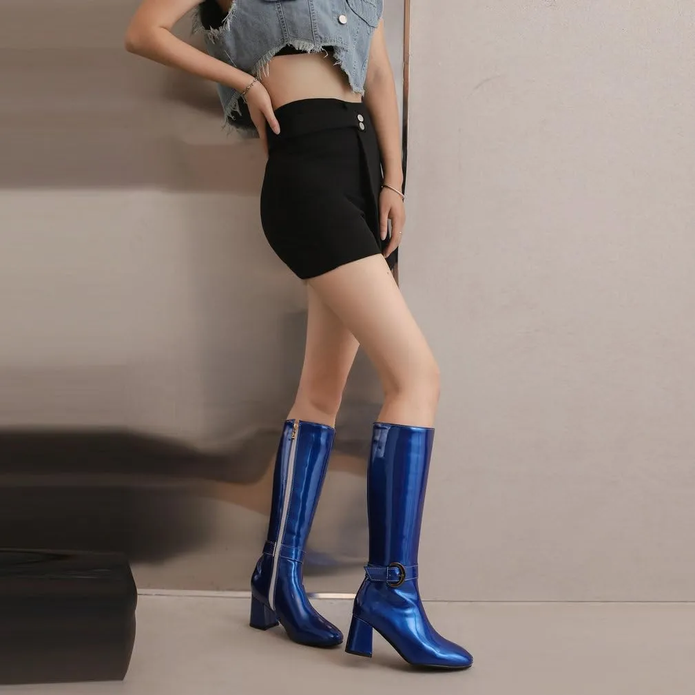 KOKOMOMO Shiny Metallic Boots Patent Square Toe Knee High Heeled Boots Gogo Boots