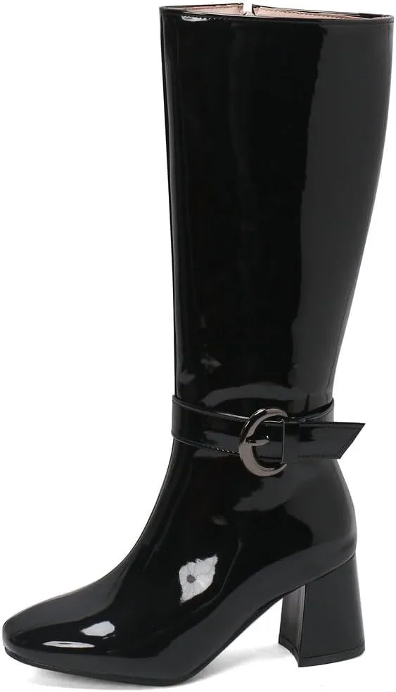 KOKOMOMO Shiny Metallic Boots Patent Square Toe Knee High Heeled Boots Gogo Boots