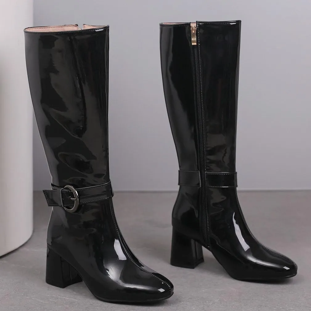 KOKOMOMO Shiny Metallic Boots Patent Square Toe Knee High Heeled Boots Gogo Boots