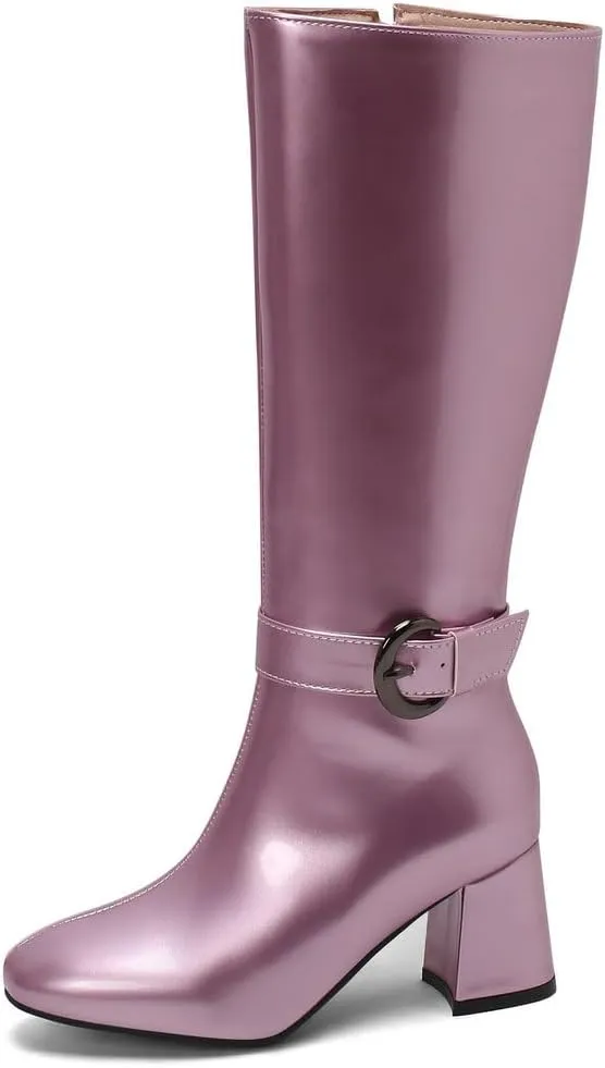 KOKOMOMO Shiny Metallic Boots Patent Square Toe Knee High Heeled Boots Gogo Boots