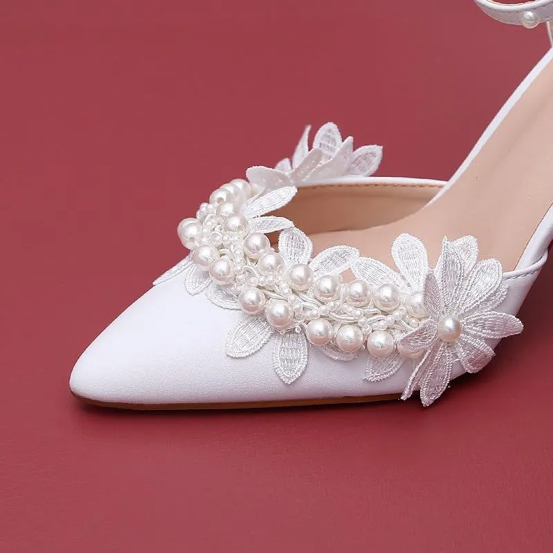 Lace Pearl Decoration Ladies High Heels Whit Wedding Shoes Women's