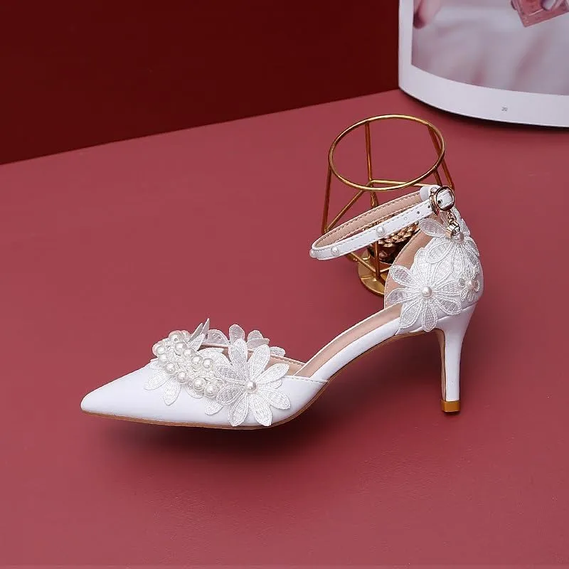 Lace Pearl Decoration Ladies High Heels Whit Wedding Shoes Women's