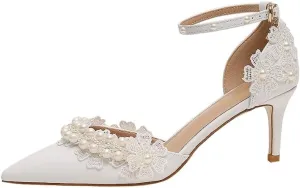 Lace Pearl Decoration Ladies High Heels Whit Wedding Shoes Women's