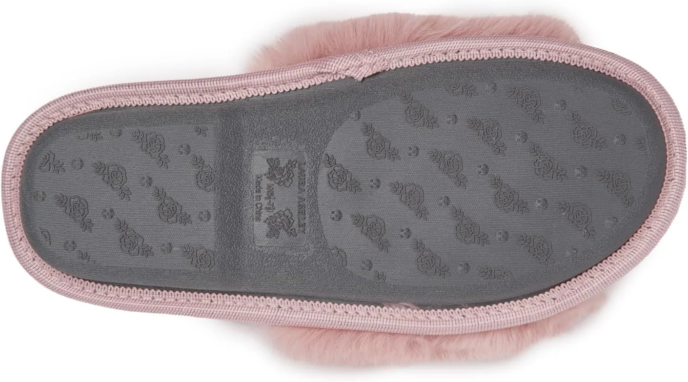 Laura Ashley Open Toe Fluffy Band Slippers for Women with Non-Skid Rugged Sole, Plush Terry Slippers for Ladies