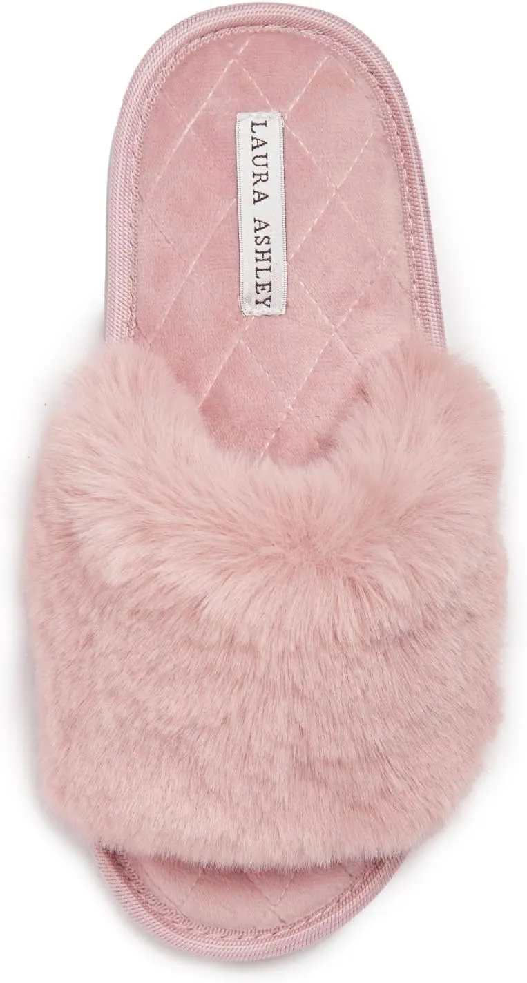 Laura Ashley Open Toe Fluffy Band Slippers for Women with Non-Skid Rugged Sole, Plush Terry Slippers for Ladies