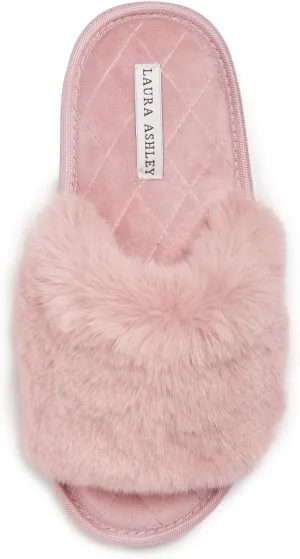 Laura Ashley Open Toe Fluffy Band Slippers for Women with Non-Skid Rugged Sole, Plush Terry Slippers for Ladies