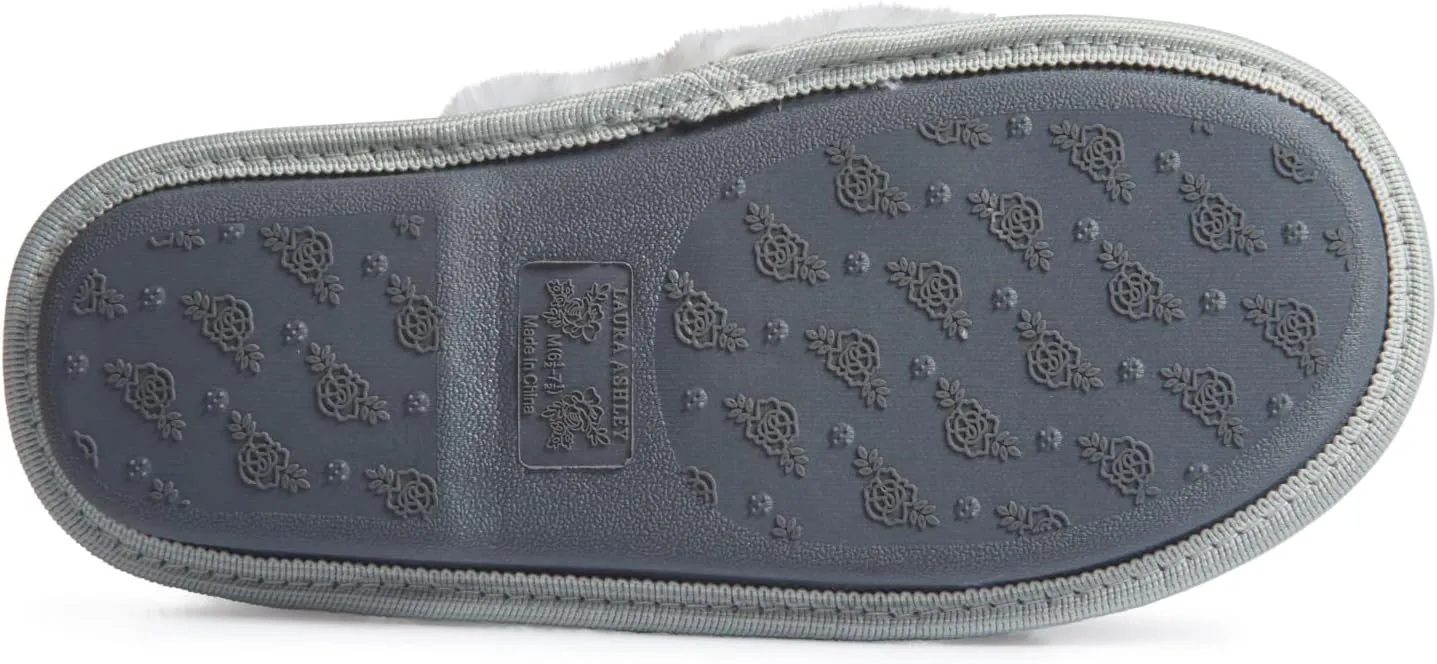 Laura Ashley Womens Plush Memory Foam Wide Collar Fleece Spa Scuff Slippers, Fuzzy Warm Faux Fur Slip On House Shoes Slipper