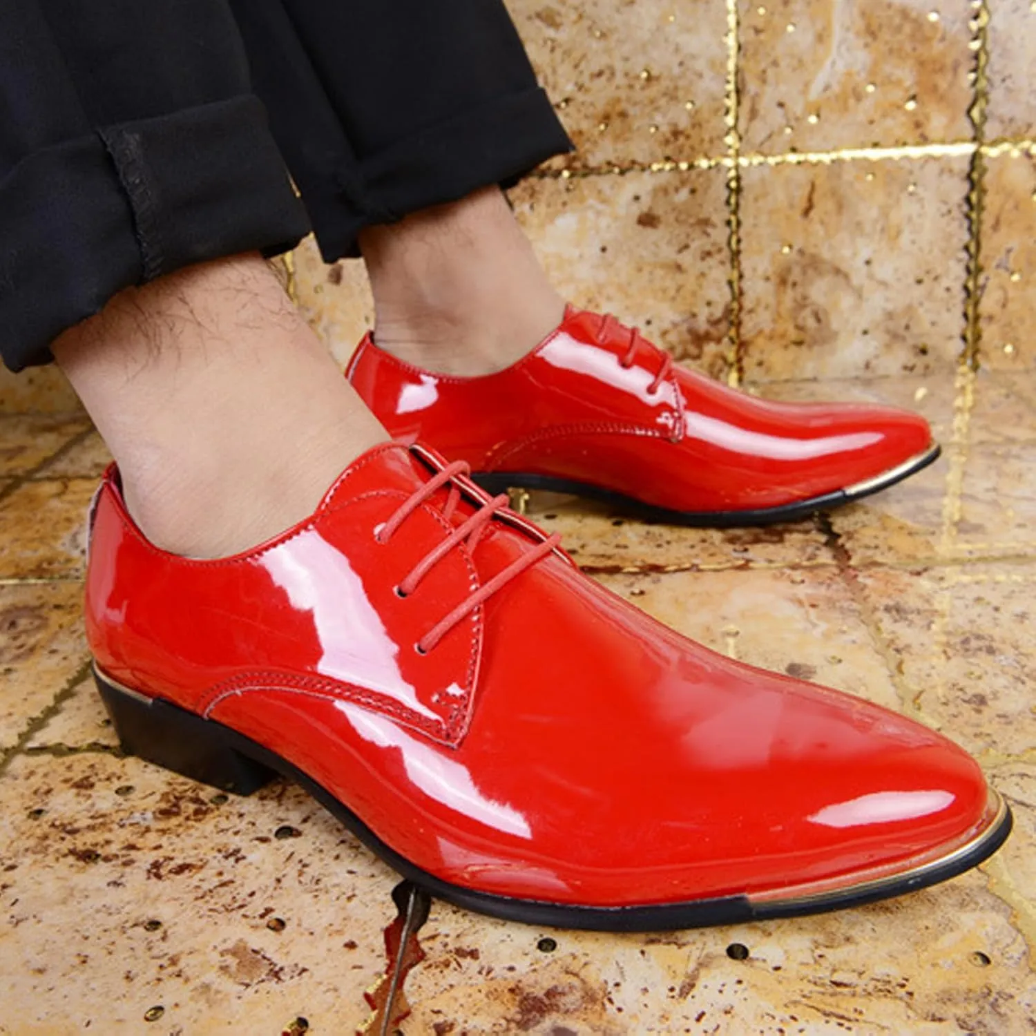Men Breathable Business Formal Casual Pointed Toe Shiny Lace Up Patchwork Leather Shoes Combers Shoes Men Leather Men's Sanda