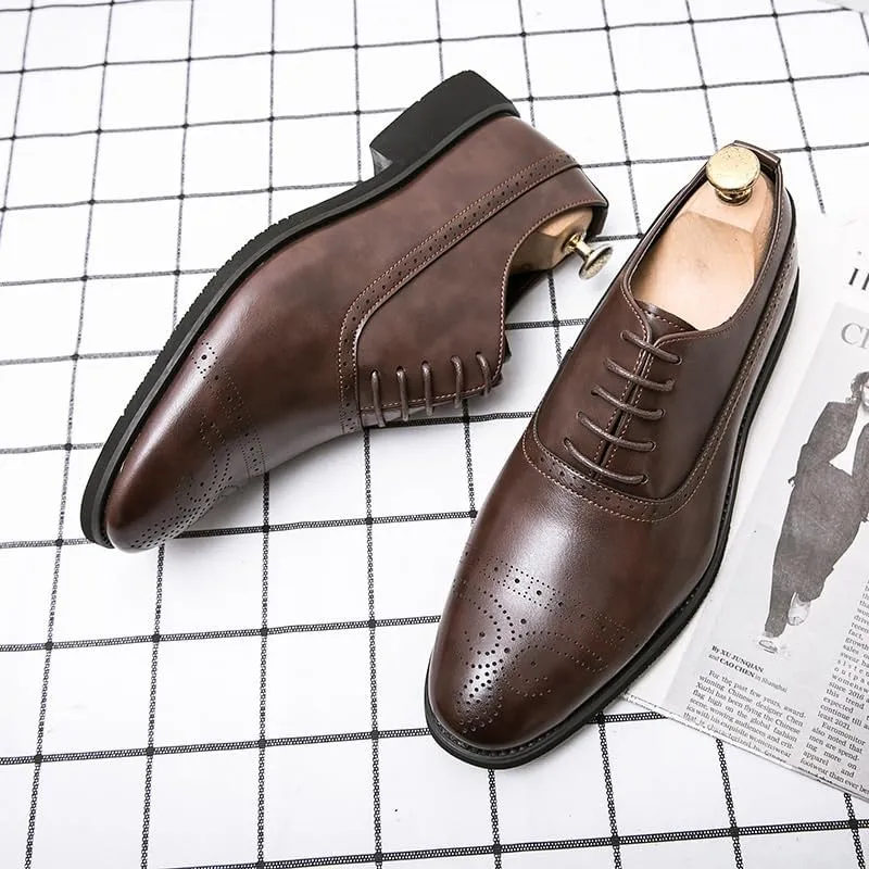 Men's Breathable Leather Wingtip Brogue Oxfords Faux Patent Leather Oxford Dress Shoes Casual Non-Slip Low Block Heel Work Shoes