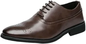 Men's Breathable Leather Wingtip Brogue Oxfords Faux Patent Leather Oxford Dress Shoes Casual Non-Slip Low Block Heel Work Shoes