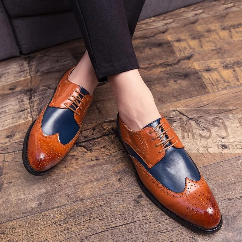 Men's Handmade Leather Modern Classic Lace up Leather Lined Perforated Dress Oxfords Shoes Fashion Round Toe Casual Dress Shoes
