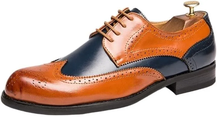 Men's Handmade Leather Modern Classic Lace up Leather Lined Perforated Dress Oxfords Shoes Fashion Round Toe Casual Dress Shoes