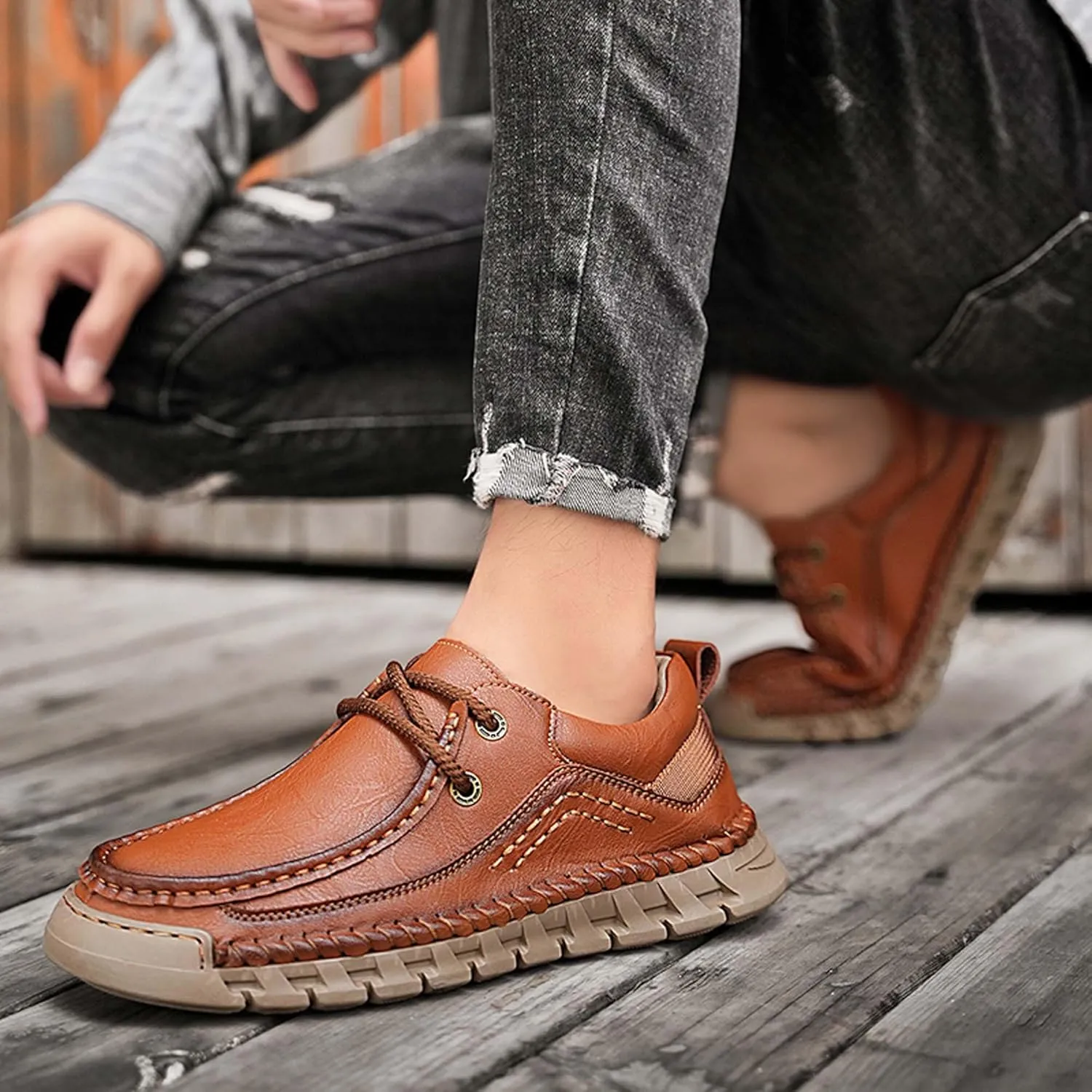 Men's Premium Leather Casual Walking Shoes,Loafers,Men's Sneakers,Business Casual Leather Shoes,Driving Shoes,Soft,Comfortable,Wear-Resistant,Hand-Stitched