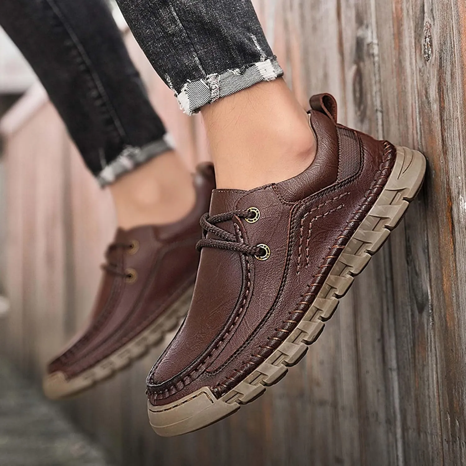 Men's Premium Leather Casual Walking Shoes,Loafers,Men's Sneakers,Business Casual Leather Shoes,Driving Shoes,Soft,Comfortable,Wear-Resistant,Hand-Stitched