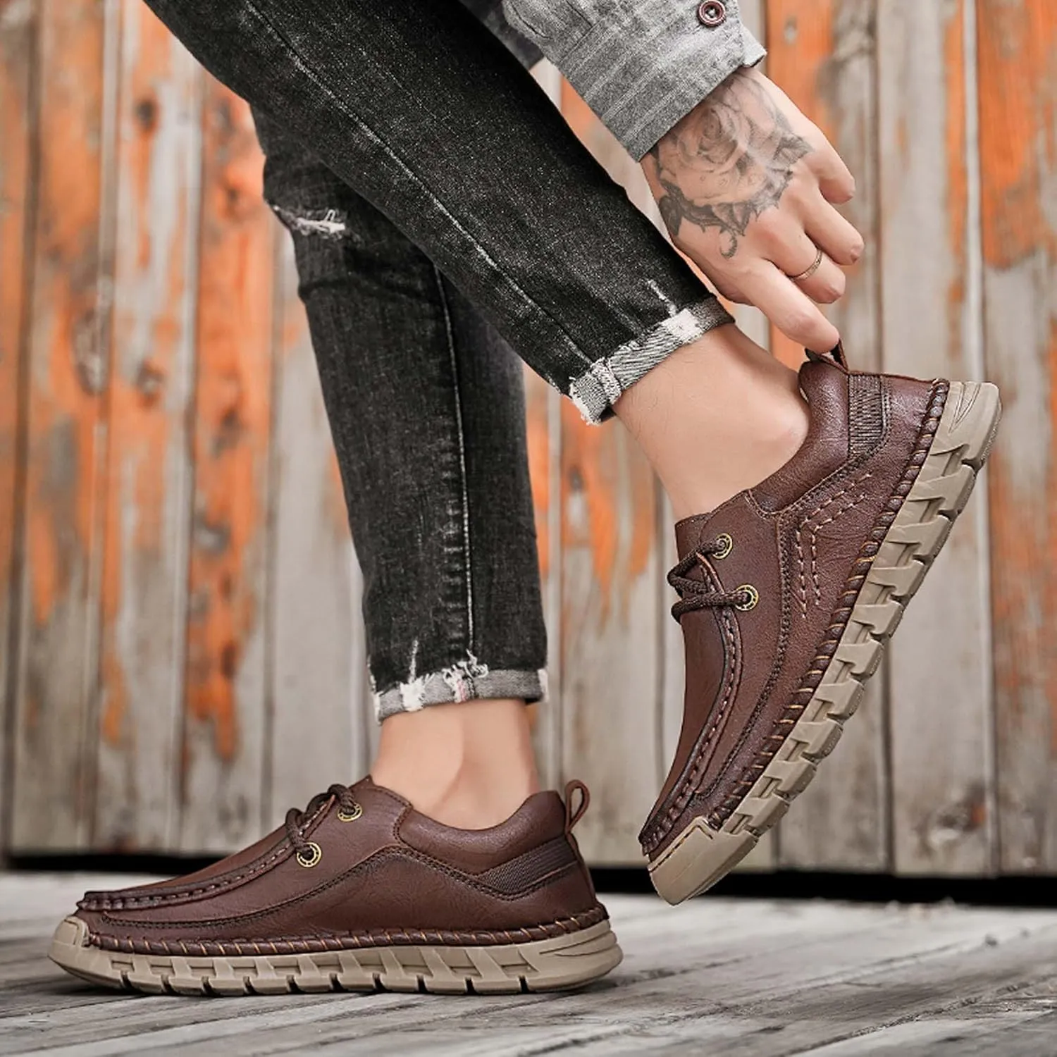 Men's Premium Leather Casual Walking Shoes,Loafers,Men's Sneakers,Business Casual Leather Shoes,Driving Shoes,Soft,Comfortable,Wear-Resistant,Hand-Stitched